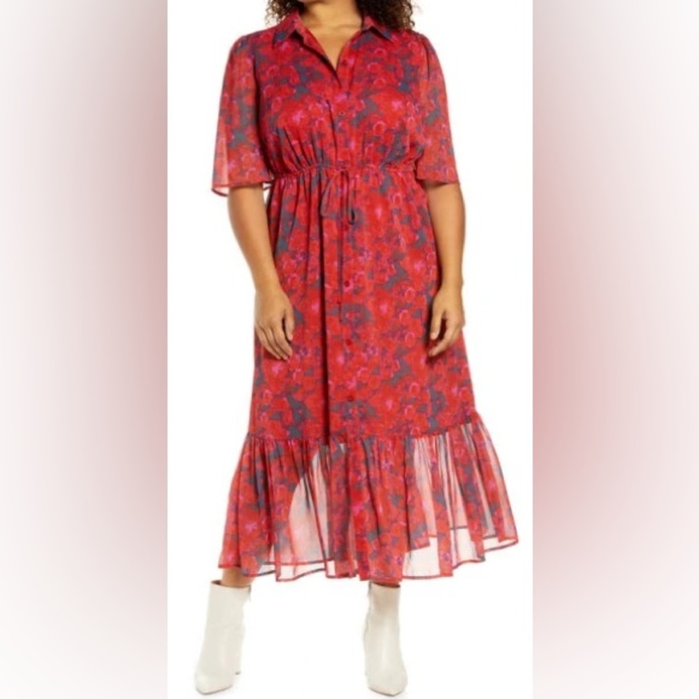 Halogen Midid Puff Sleeve Red Print Dress Size XS
